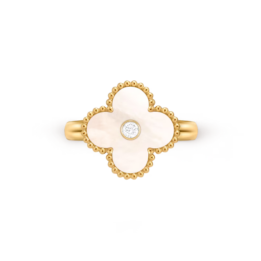 Vintage Alhambra ring, 18K yellow gold, white mother-of-pearl, round diamond