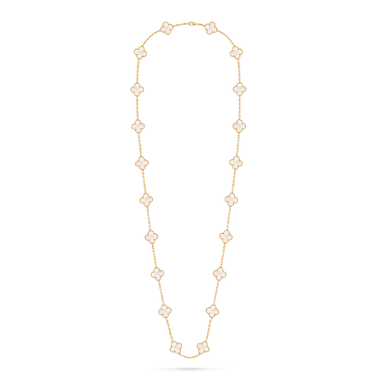 Vintage Alhambra long necklace, 20 motifs, 18K yellow gold, white mother-of-pearl.
