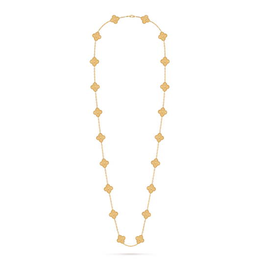 Vintage Alhambra long necklace, 20 motifs, textured 18K yellow gold.