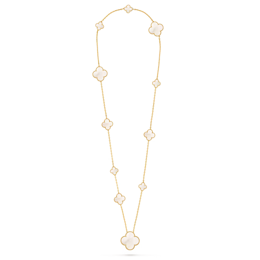 Magic Alhambra long necklace, 11 motifs, 18K yellow gold, white mother-of-pearl.