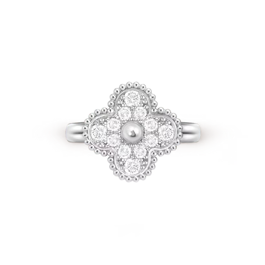 Vintage Alhambra ring, rhodium plated 18K white gold, round diamonds