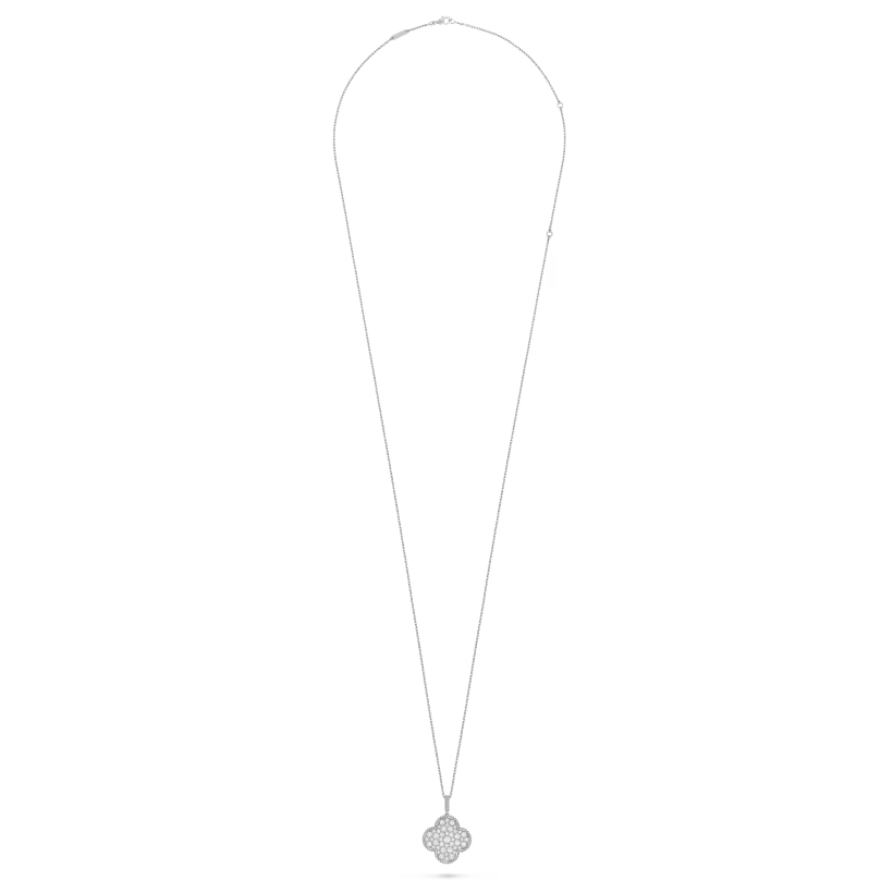 Magic Alhambra long necklace 1 motif, rhodium plated 18K white gold, paved diamonds.