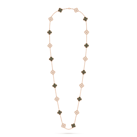 Vintage Alhambra long necklace, 20 motifs, 18K rose gold, gray mother-of-pearl, round diamonds