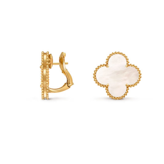 Magic Alhambra earrings, 18K yellow gold, white mother-of-pearl.