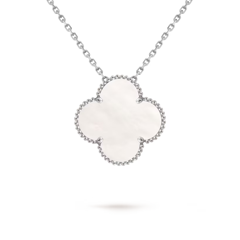 Magic Alhambra pendant, rhodium plated 18K white gold, white mother-of-pearl.