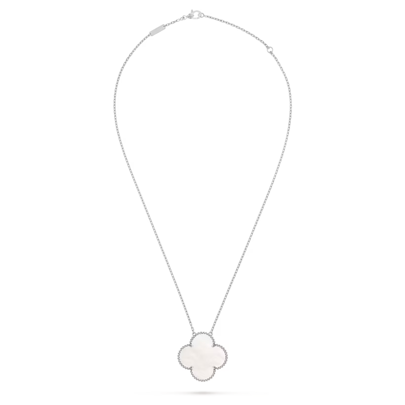 Magic Alhambra pendant, rhodium plated 18K white gold, white mother-of-pearl.