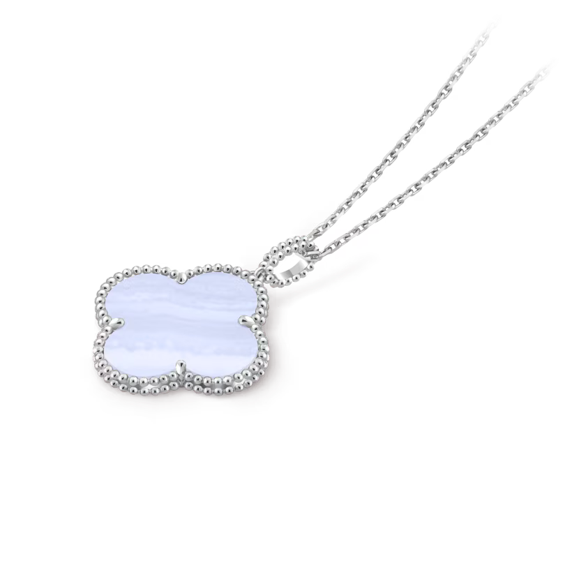 Magic Alhambra long necklace, 1 motif, rhodium plated 18K white gold, chalcedony.