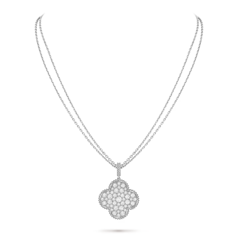 Magic Alhambra long necklace 1 motif, rhodium plated 18K white gold, paved diamonds.