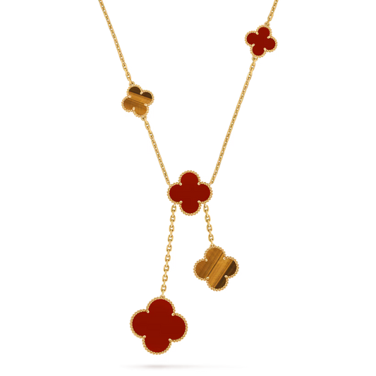Magic Alhambra necklace, 6 motifs, 18K yellow gold, carnelian, tiger’s eye.