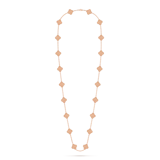 Vintage Alhambra long necklace, 20 motifs, textured 18K rose gold.