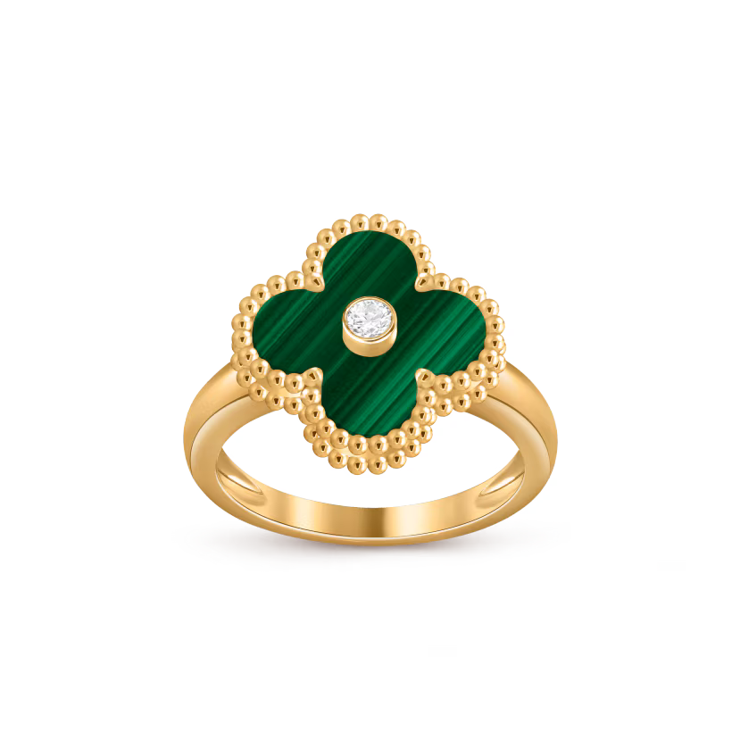 Vintage Alhambra ring, 18K yellow gold, malachite, round diamond