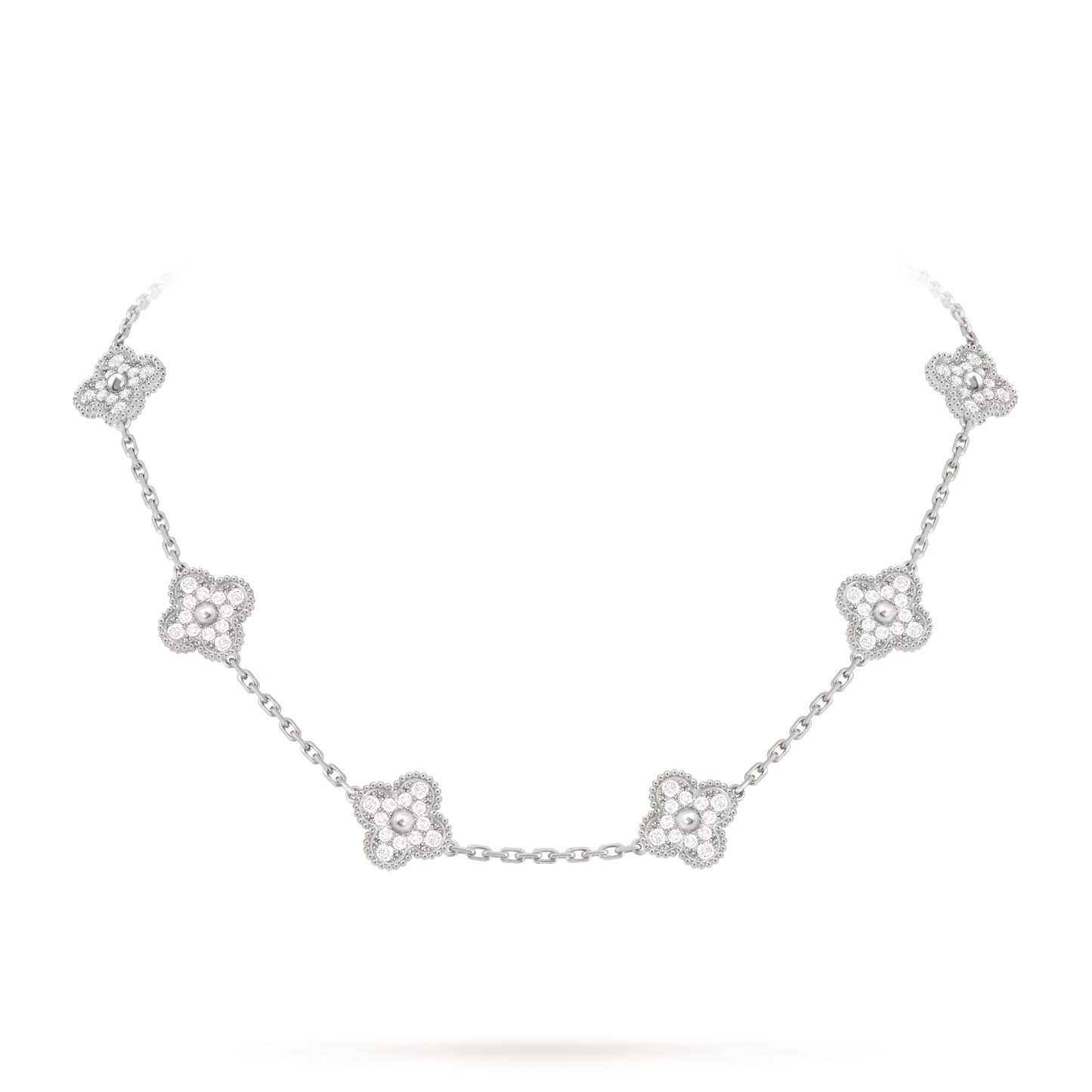 Vintage Alhambra necklace, 10 motifs, rhodium plated 18K white gold, round diamonds