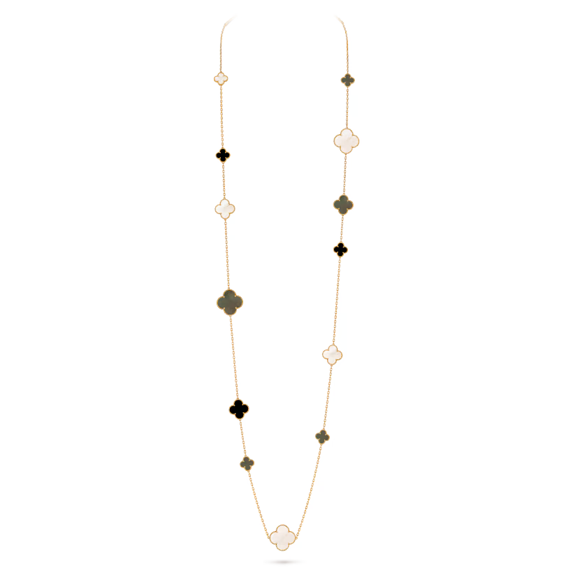 Magic Alhambra long necklace, 16 motifs, 18K yellow gold, white and gray mother-of-pearl, onyx.