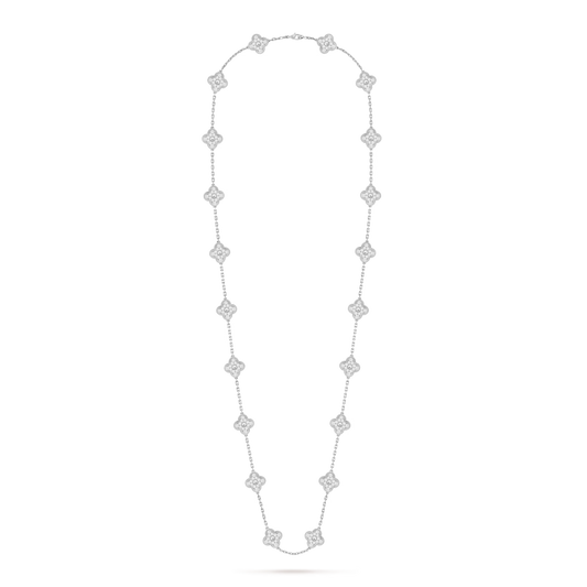 Vintage Alhambra long necklace, 20 motifs, rhodium plated 18K white gold, round diamonds