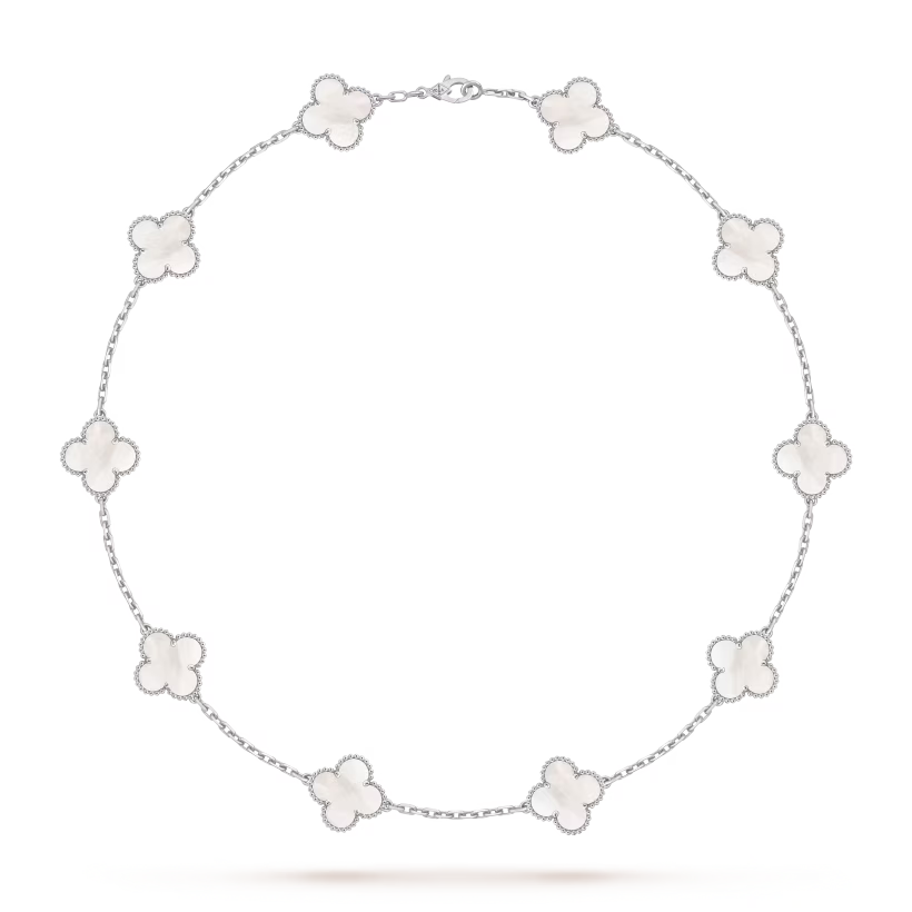 Vintage Alhambra necklace, 10 motifs, rhodium plated 18K white gold, white mother-of-pearl.