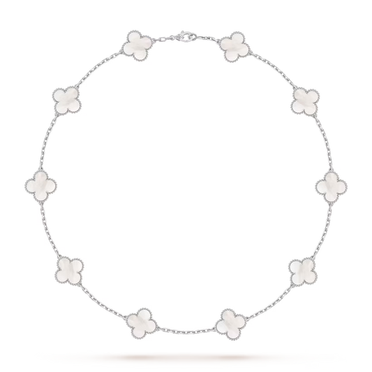 Vintage Alhambra necklace, 10 motifs, rhodium plated 18K white gold, white mother-of-pearl.