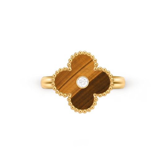 Vintage Alhambra ring, 18K yellow gold, tiger’s eye, round diamond