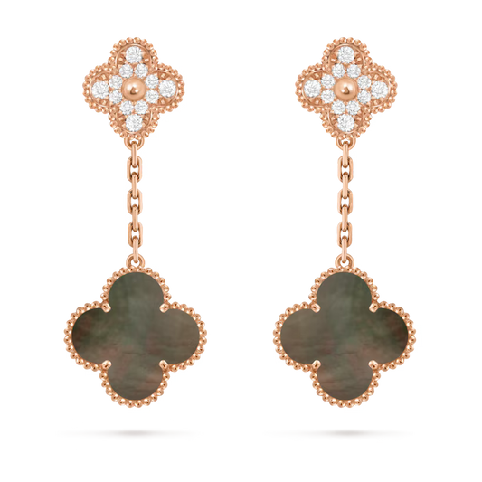 Magic Alhambra earrings, 2 motifs, 18K rose gold, gray mother-of-pearl, round diamonds