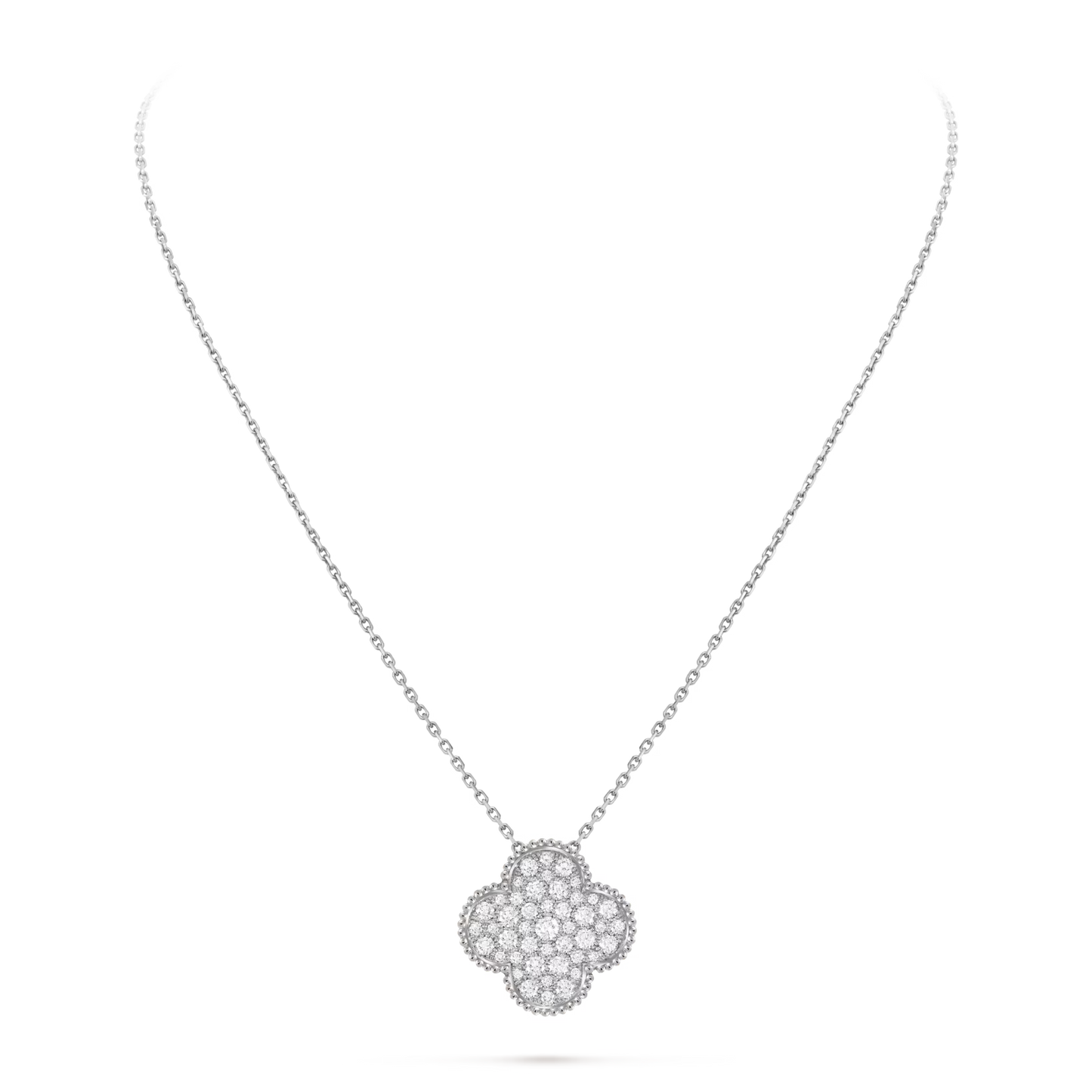 Magic Alhambra pendant, rhodium plated 18K white gold, round diamonds