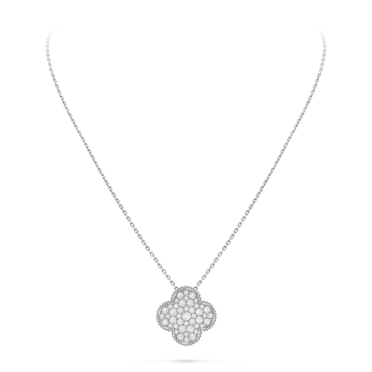 Magic Alhambra pendant, rhodium plated 18K white gold, round diamonds