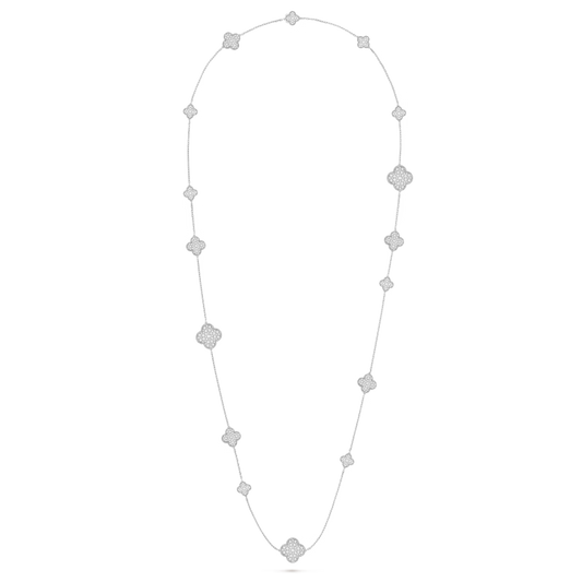 Magic Alhambra long necklace, 16 motifs, rhodium plated 18K white gold, round diamonds