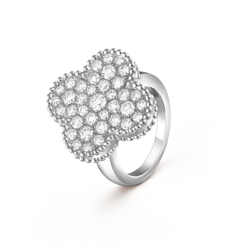 Magic Alhambra ring, rhodium plated 18K white gold, round diamonds
