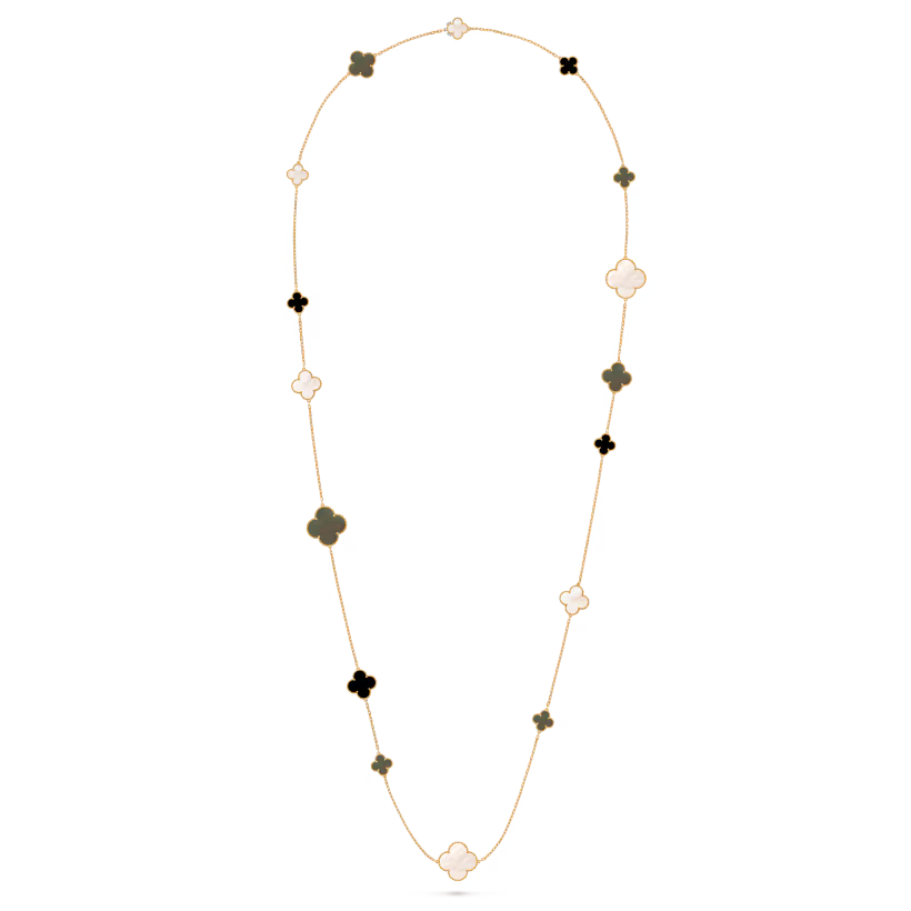 Magic Alhambra long necklace, 16 motifs, 18K yellow gold, white and gray mother-of-pearl, onyx.