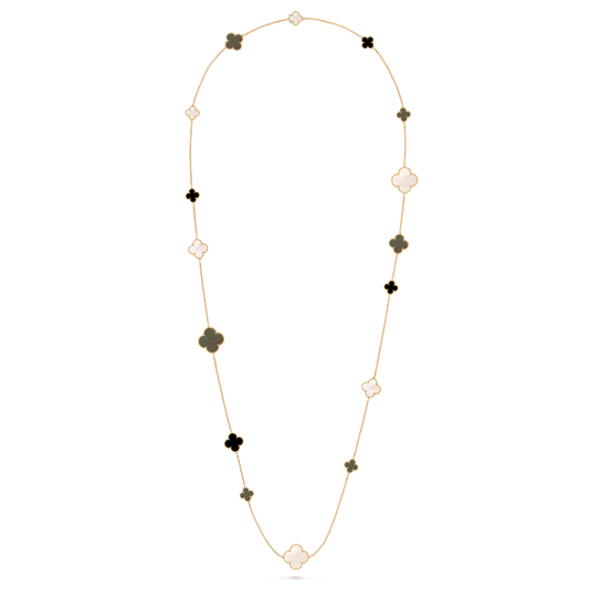 Magic Alhambra long necklace, 16 motifs, 18K yellow gold, white and gray mother-of-pearl, onyx.