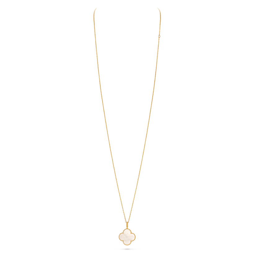 Magic Alhambra long necklace 1 motif, 18K yellow gold, white mother-of-pearl.