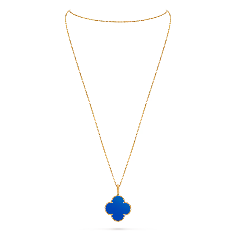 Magic Alhambra long necklace, 1 motif, 18K yellow gold, blue agate.