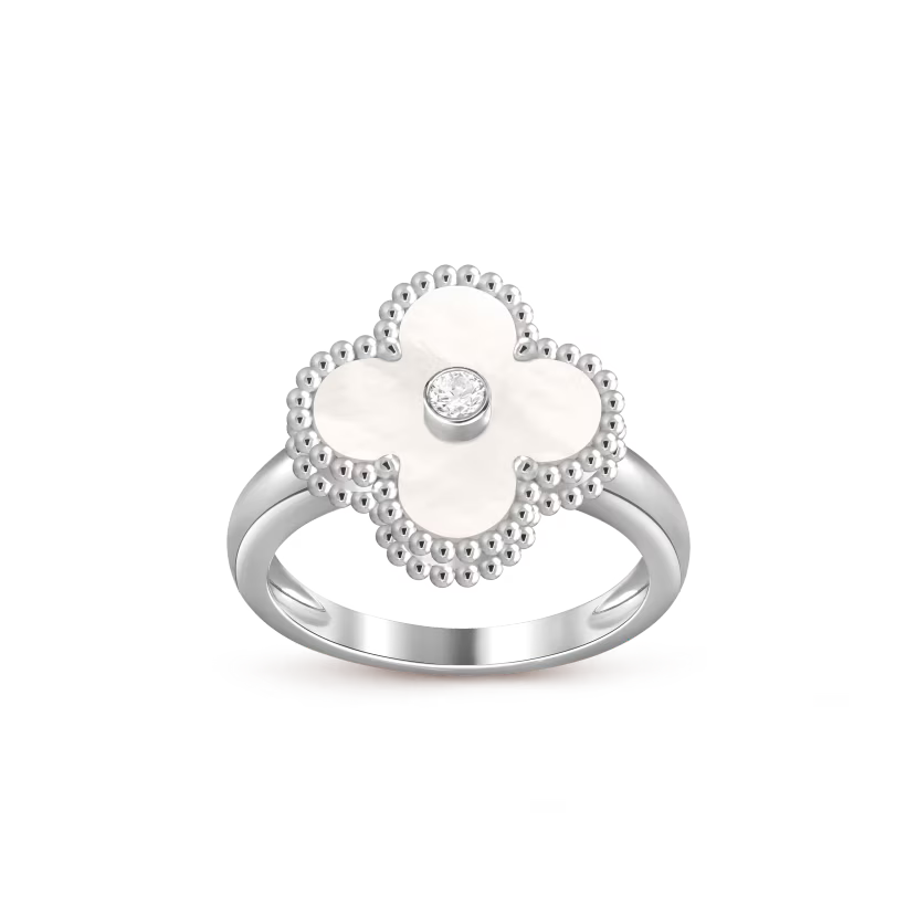 Vintage Alhambra ring, rhodium plated 18K white gold, white mother-of-pearl, round diamond