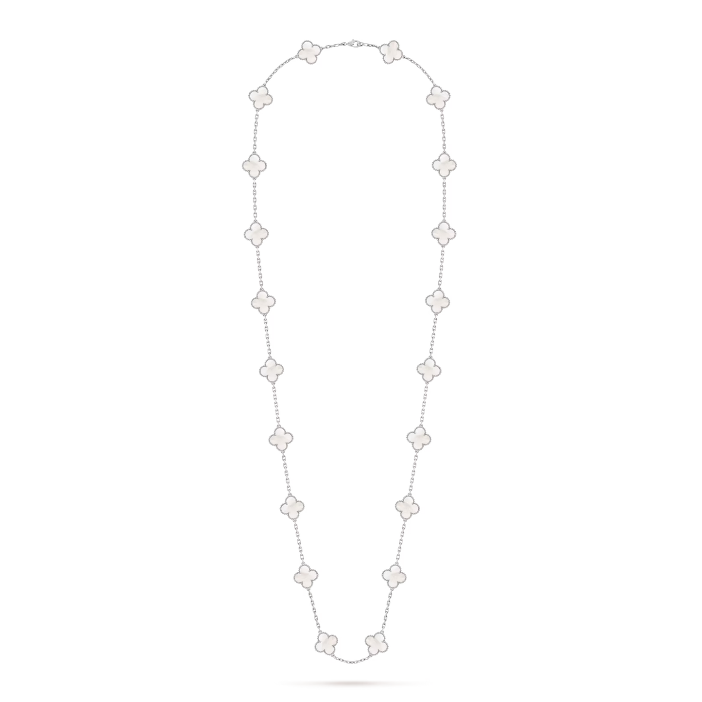Vintage Alhambra long necklace, 20 motifs, rhodium plated 18K white gold, white mother-of-pearl.