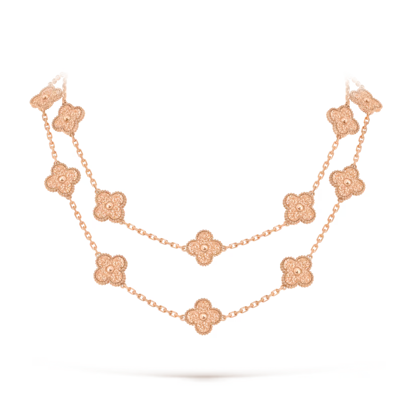 Vintage Alhambra long necklace, 20 motifs, textured 18K rose gold.