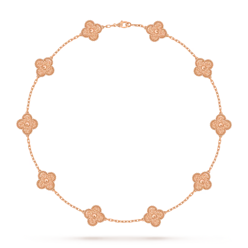 Vintage Alhambra necklace, 10 motifs, textured 18K rose gold.