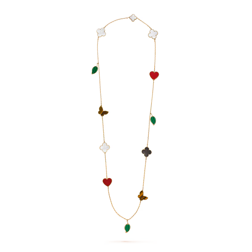 Lucky Alhambra long necklace, 12 motifs, 18K yellow gold, carnelian, tiger’s eye, white and gray mother-of-pearl, malachite.