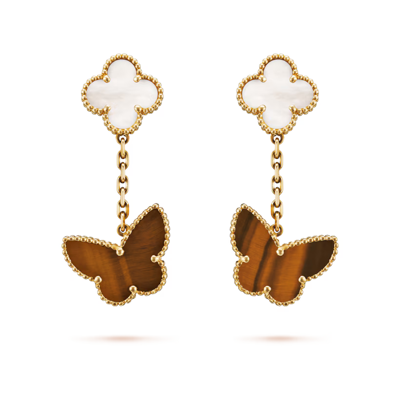 Lucky Alhambra earrings, 2 motifs, 18K yellow gold, white mother-of-pearl, tiger’s eye.