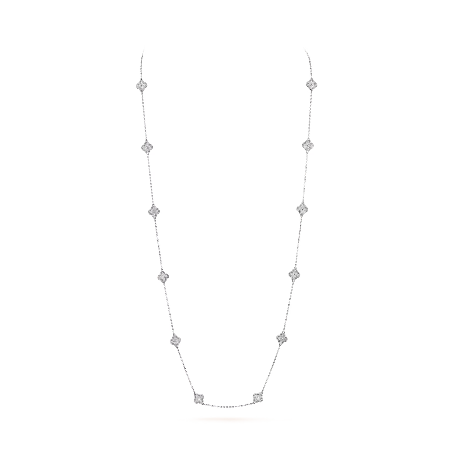Sweet Alhambra long necklace, 16 motifs, rhodium plated 18K white gold, round diamonds