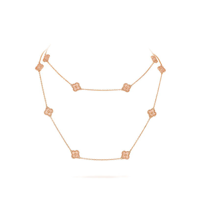 Sweet Alhambra long necklace, 16 motifs, 18K rose gold.