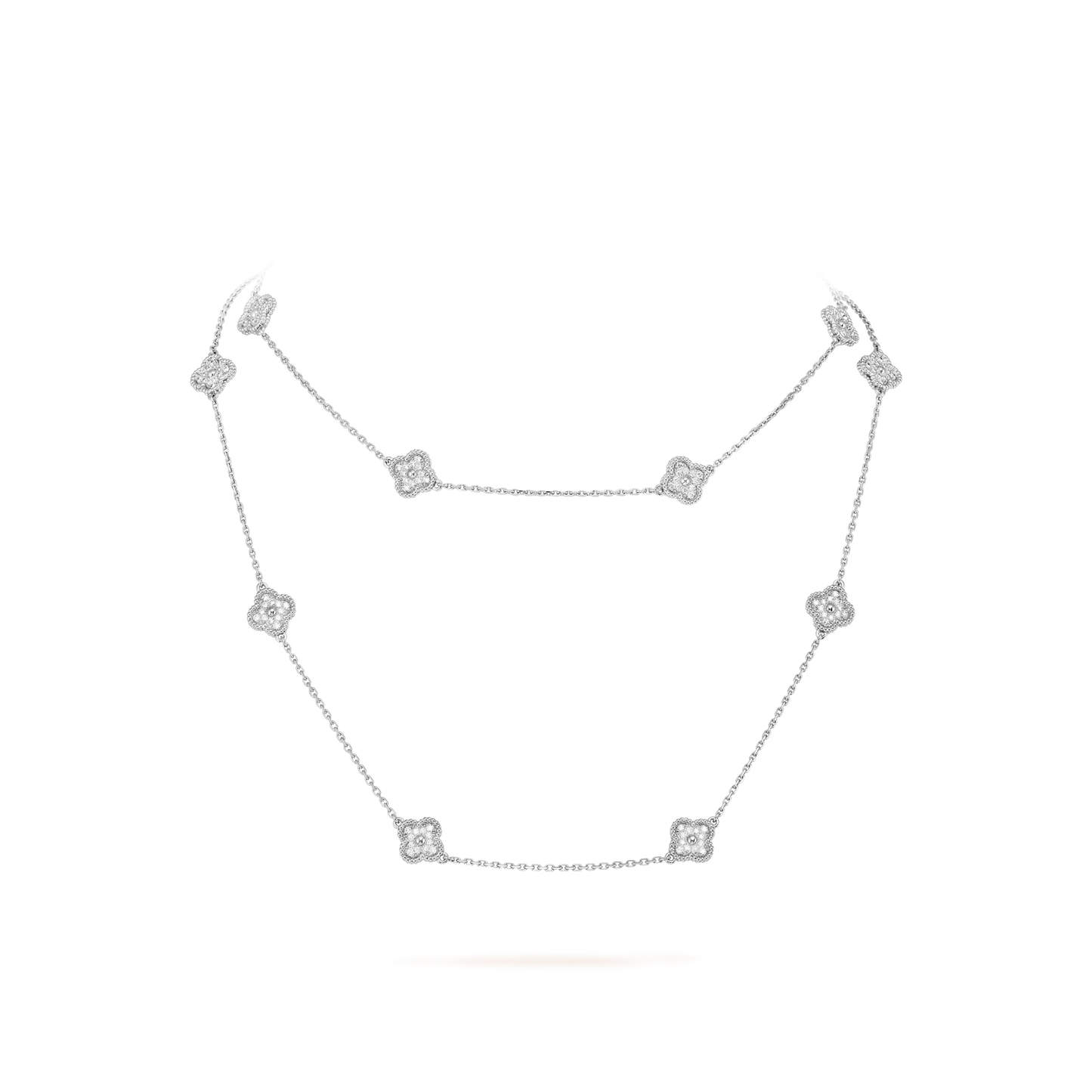 Sweet Alhambra long necklace, 16 motifs, rhodium plated 18K white gold, round diamonds