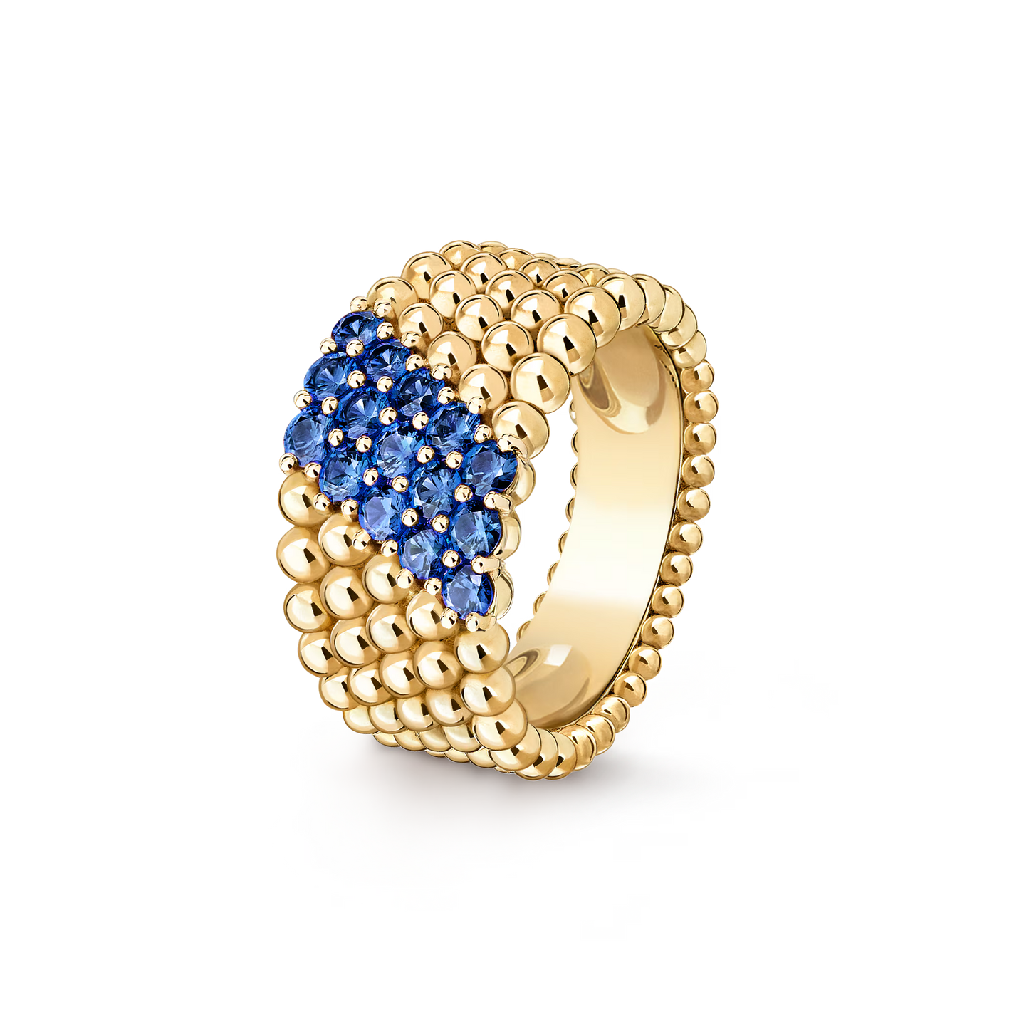 Perlée couleurs ring, 5 rows, 18K yellow gold, round sapphires.