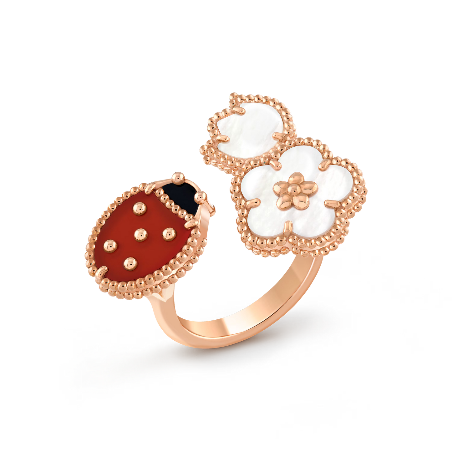 Lucky Spring Between the Finger ring, 18K rose gold, white mother-of-pearl, carnelian, onyx.