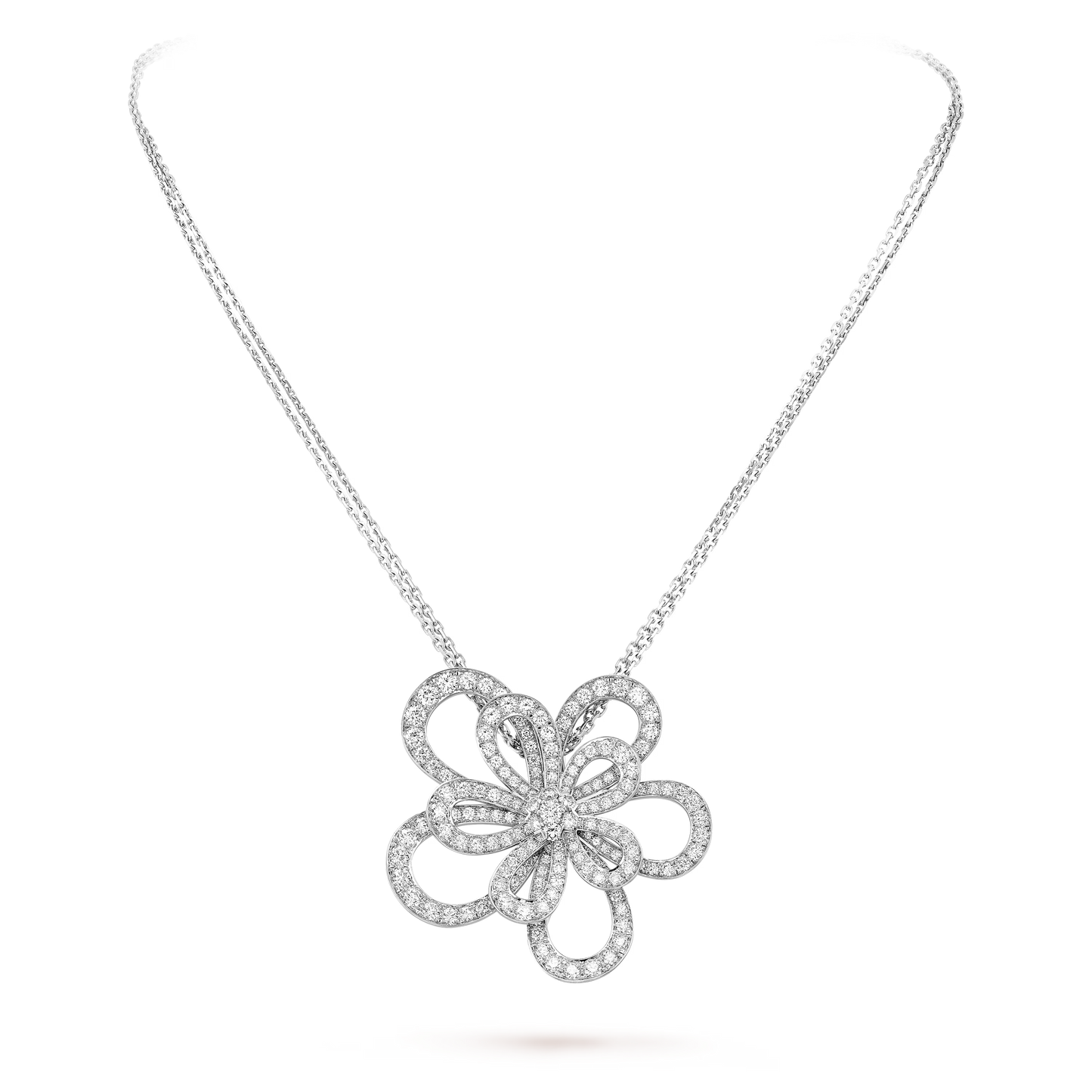 Flowerlace clip and pendant. Rhodium plated 18K white gold, diamonds.