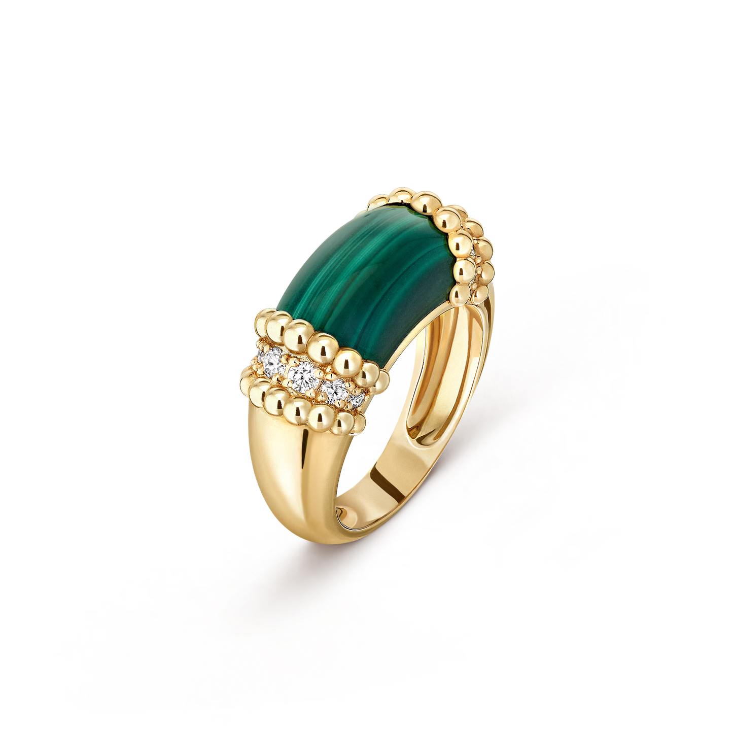 Perlée couleurs ring, 18K yellow gold, malachite, round diamonds.