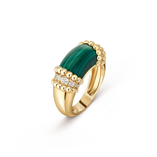 Perlée couleurs ring, 18K yellow gold, malachite, round diamonds.