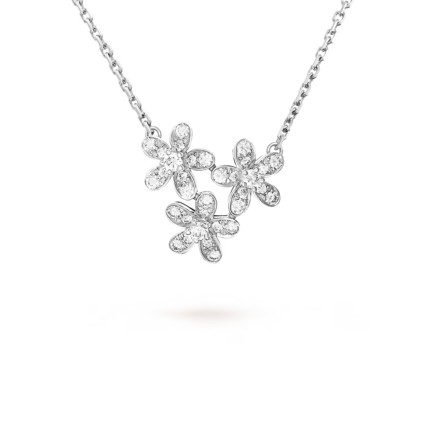 Socrate pendant, 3 flowers, rhodium plated 18K white gold, round diamonds.