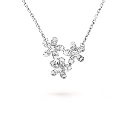 Socrate pendant, 3 flowers, rhodium plated 18K white gold, round diamonds.
