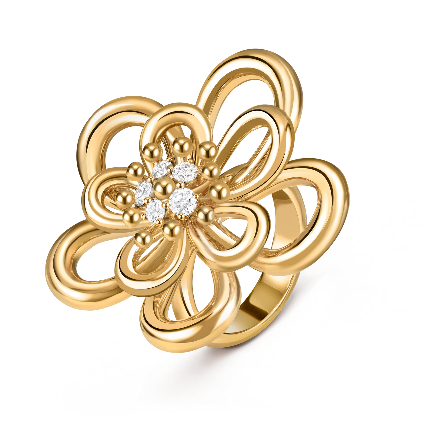 Flowerlace ring, medium model, yellow gold, round diamonds.