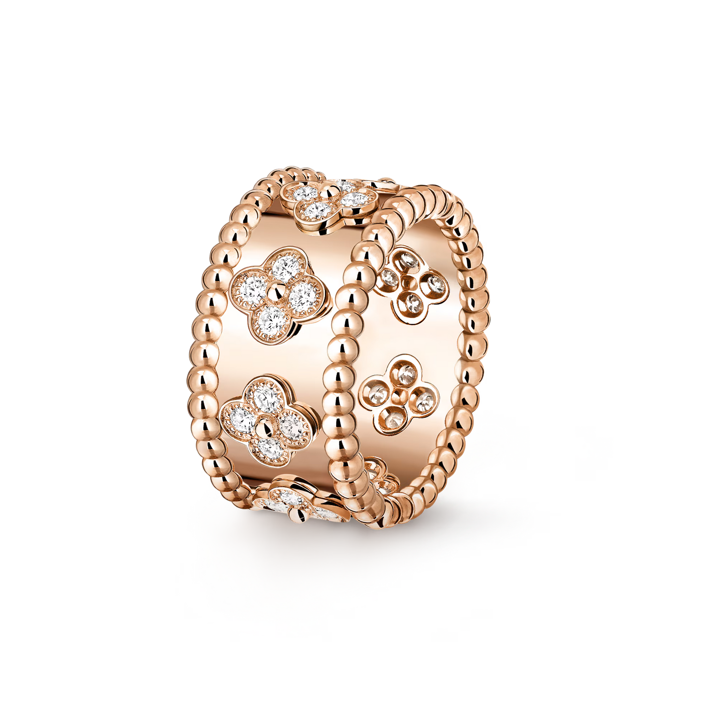 Perlée clovers ring, 18K rose gold, round diamonds, medium model.