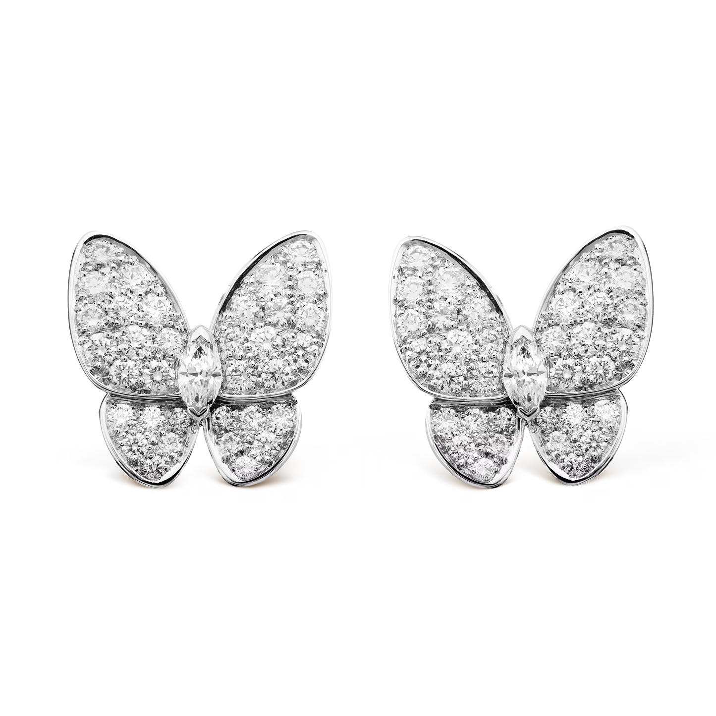 Two Butterfly earrings, rhodium plated 18K white gold, round and marquise-cut diamonds.