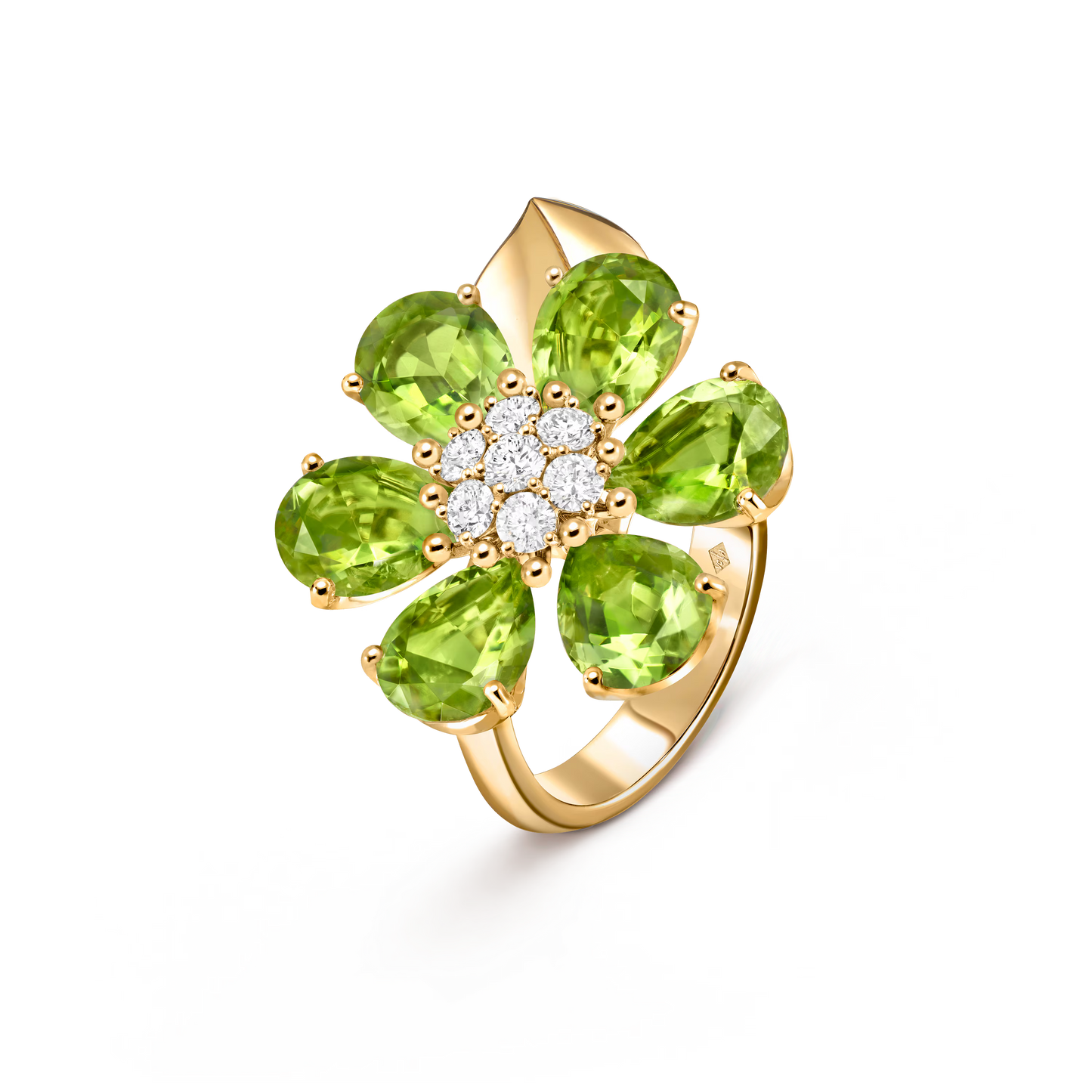 Fleurs d’Hawaï ring, large model, 18K yellow gold, peridots, round diamonds.